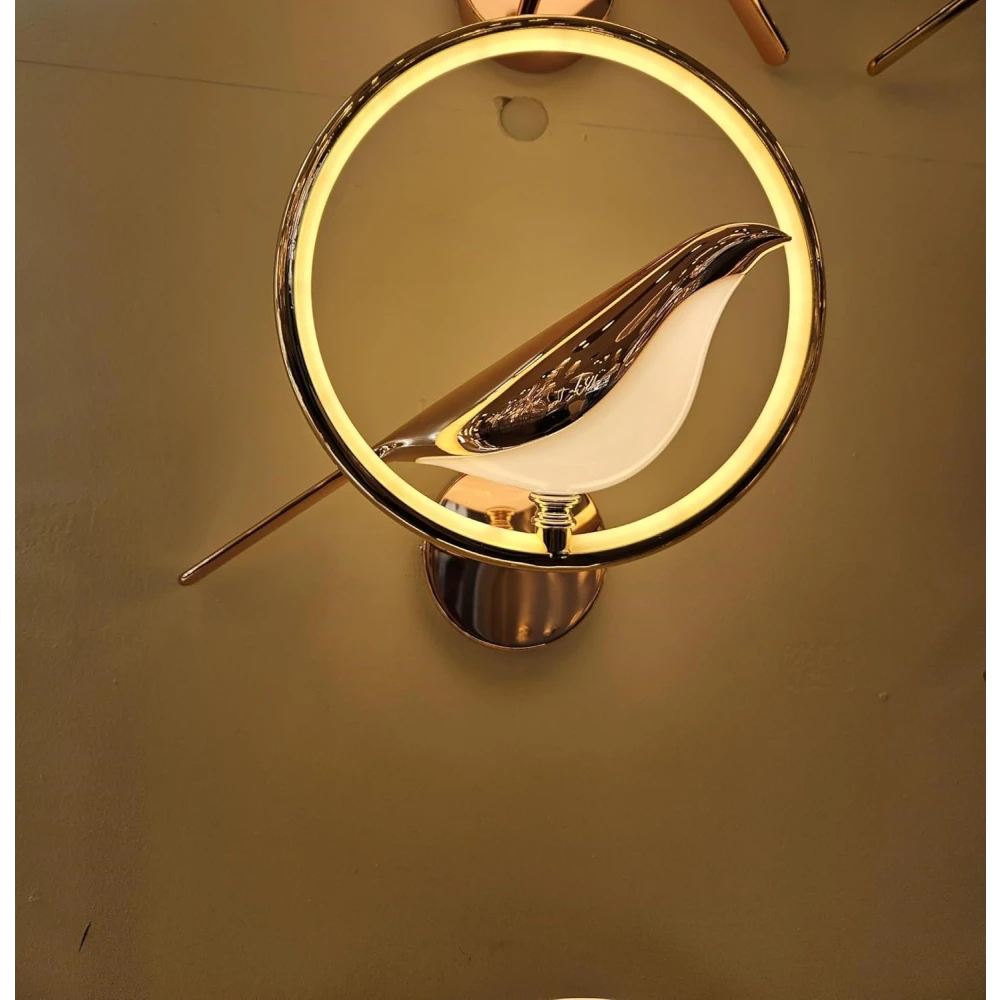 SHRI MAHAL ANTIQUES Modern LED Wall Light with Bird Design, Circle Ring Sconce, Warm White Illumination, Gold Chrome Finish