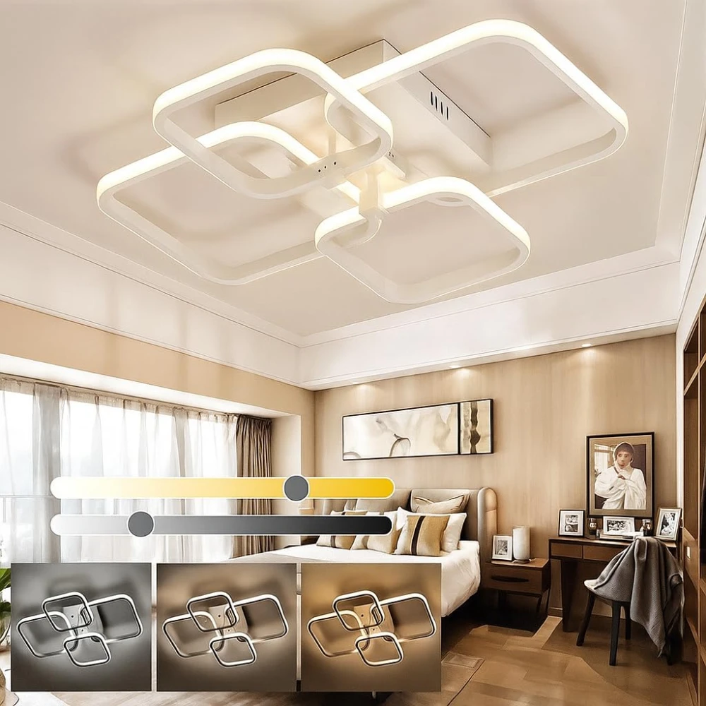 PRMOAGEN LED Ceiling Light with Remote Control, White Acrylic Modern 3-Color Ceiling Light Flush Mount for Living Room, Bedroom, 58x45x12cm