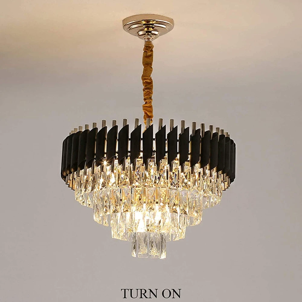 SHRI MAHAL ANTIQUES® 600mm Gold Black Tube Stainless Steel K9 Crystal Pendant Chandelier Ceiling Lights (Warm White)