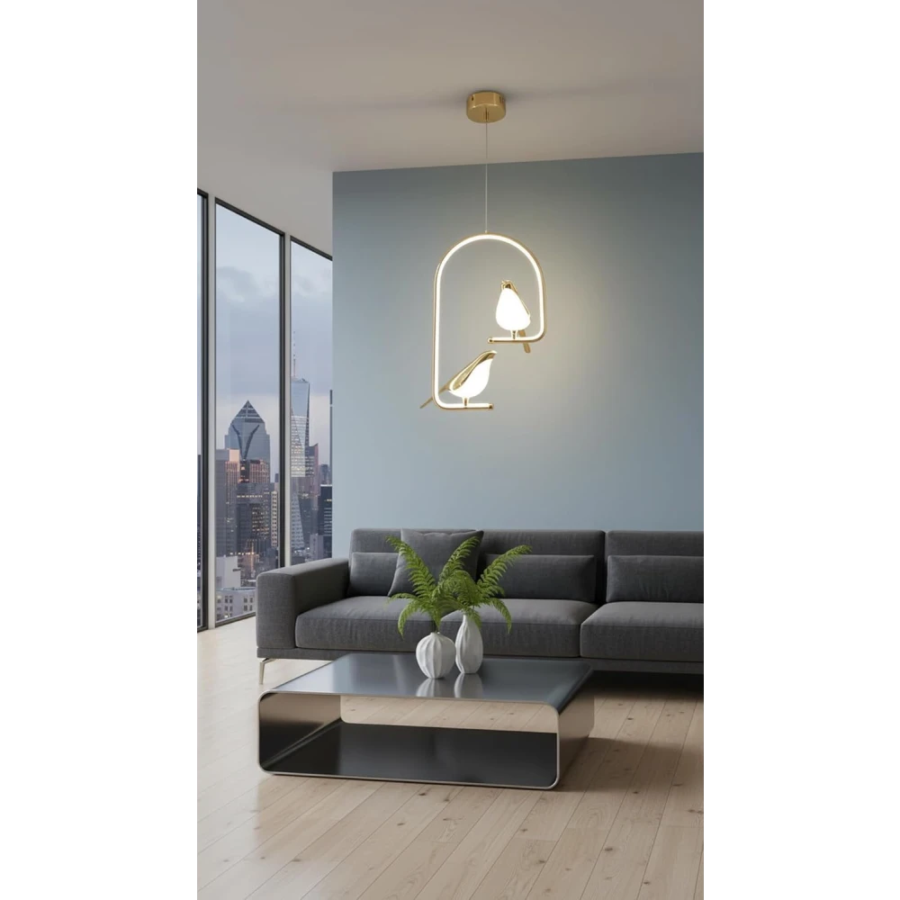 PRMOAGEN Modern Dual Bird LED Pendant Light – Elegant Gold Finish Hanging Chandelier for Living Room, Dining, Bedroom & Home Decor Lighting | Unique Artistic Ceiling Lamp Fixture