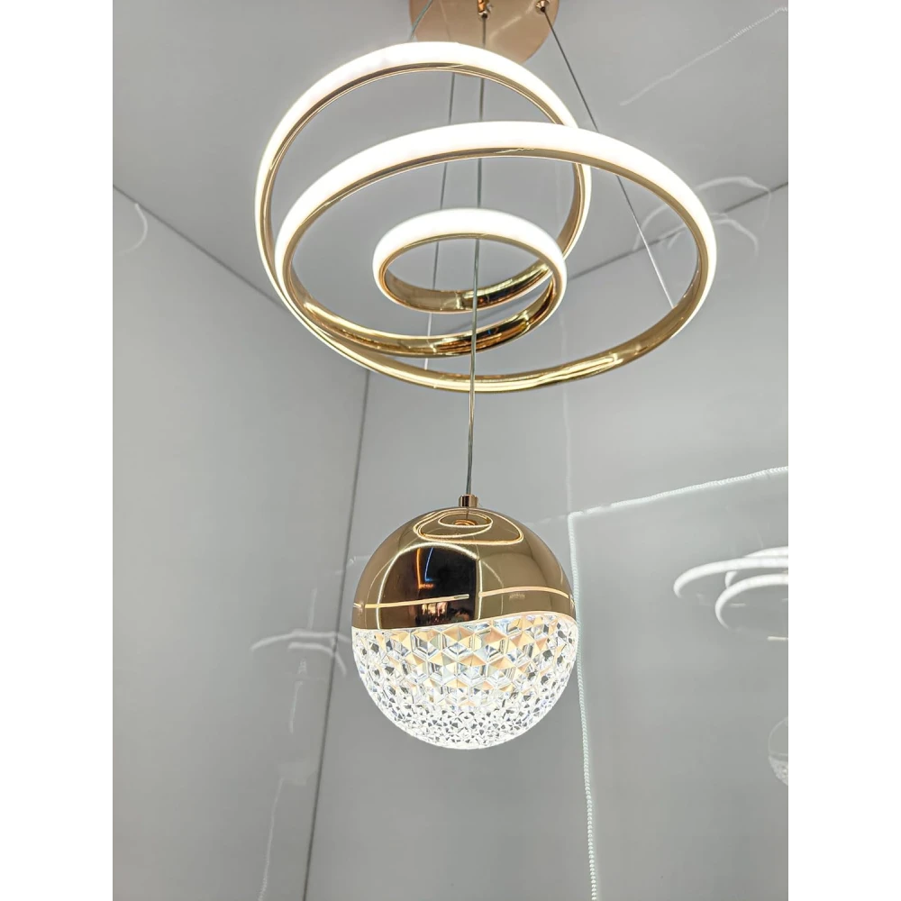 SHRI MAHAL ANTIQUES Modern LED Ceiling Pendant Light with Crystal Ball, Spiral Design Chandelier, Dimmable Hanging Lamp for Dining Room, Living Room, Bedroom, Hallway (Gold)