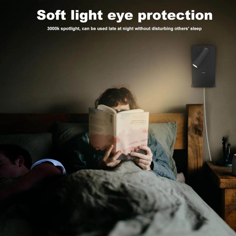 PRMOAGEN Wall Mounted Reading Lights with Shelf, LED Novelty Wall Sconce with Backlight USB 5V Phone Fast Charging Port for Bedroom Home Decor (Black)