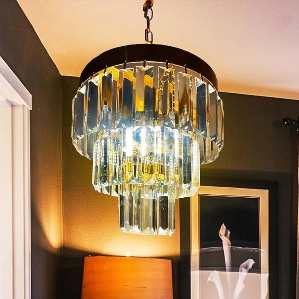 SHRI MAHAL ANTIQUES 9 Inches Round Crystal Chandelier | Jhumar for Home Decoration | Crystal Jhoomer for Ceiling | Golden | (Bulb Included)