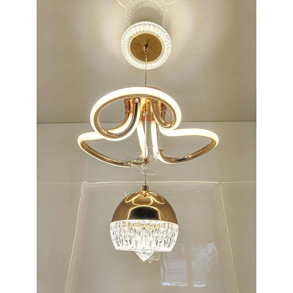 SHRI MAHAL ANTIQUES Modern LED Chandelier with Crystal Pendant - Dimmable Gold Ceiling Light Fixture for Living Room, Dining Room, Bedroom