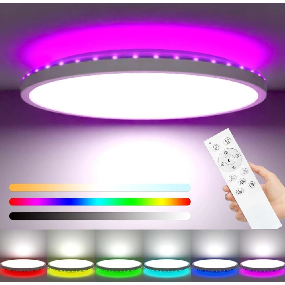 PRMOAGEN LED Ceiling Light, Dimmable, 24 W, 3200 lm, RGB Colour Changing, IP54 Waterproof, Bathroom Lamp, 3000 K - 6500 K, Round, Flat Bathroom Ceiling Lamp, for Children's Room, Bedroom