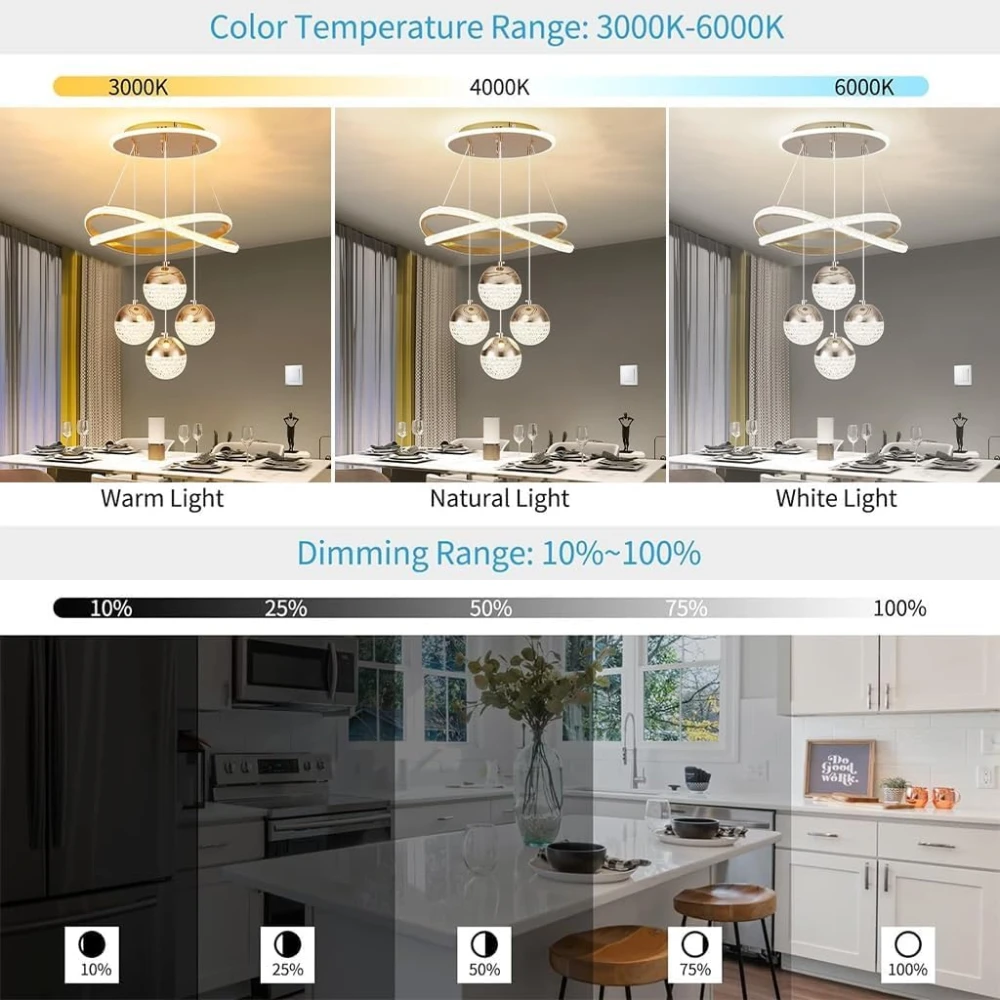 PRMOAGEN Modern Gold LED Dining Table Chandelier with Remote Dimmable Pendant Light Suitable for Kitchen Island Dining Room Living Room Modern Ceiling Light Adjustable Height Home Decor
