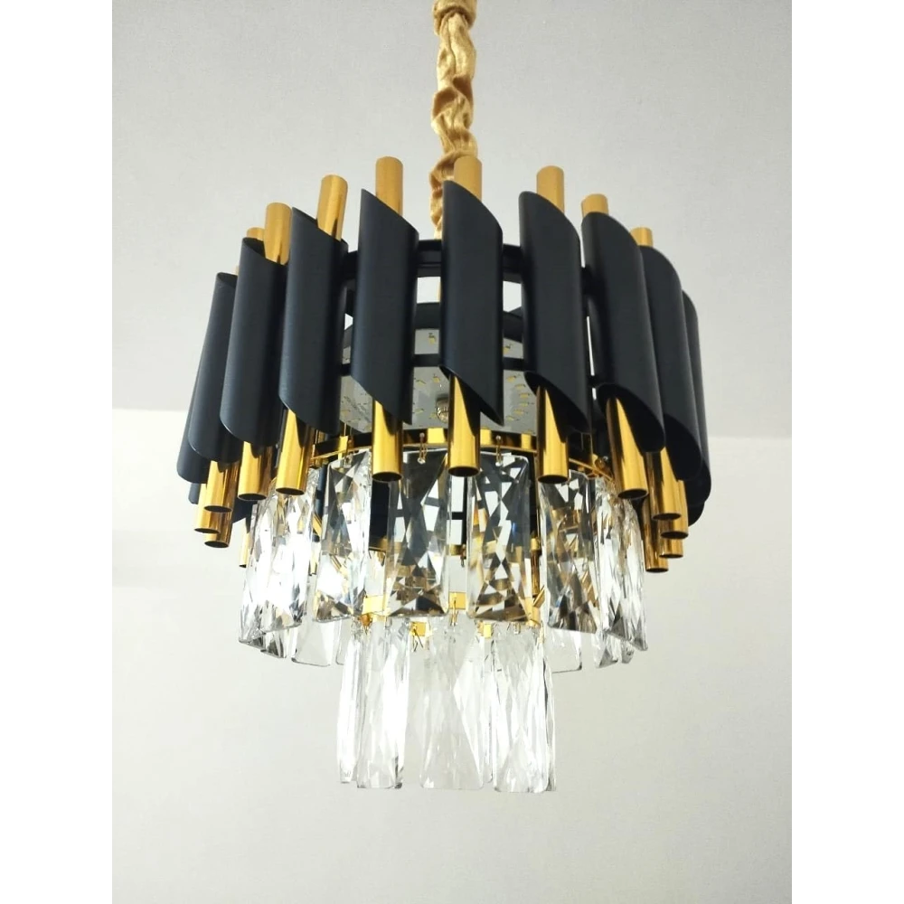 SHRI MAHAL ANTIQUES 300 mm BlackMambaChandelier with Stainless Steel Tube Crystal Ceiling Light Chandelier Ceiling Lamp (Gold, Black)