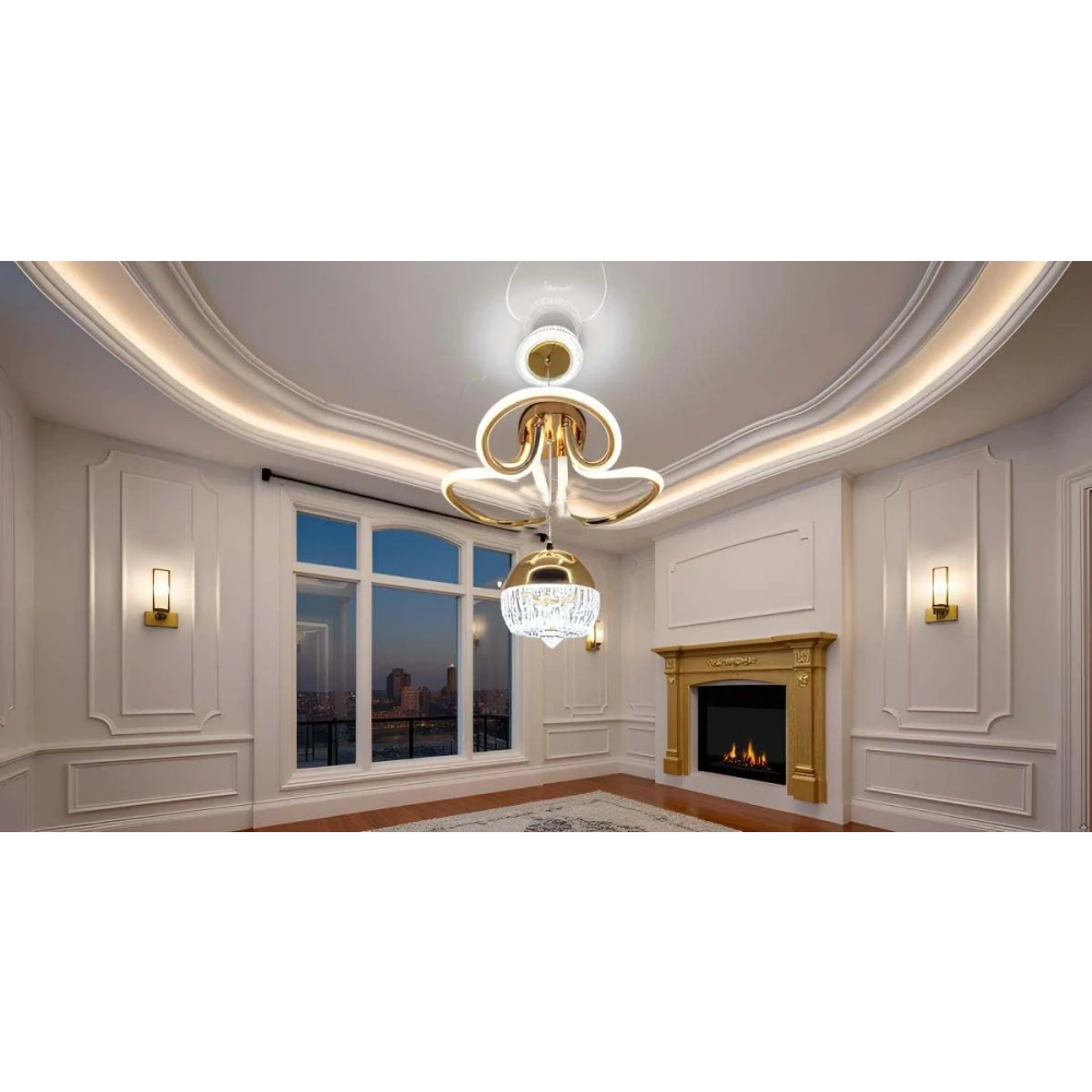SHRI MAHAL ANTIQUES Modern LED Chandelier with Crystal Pendant - Dimmable Gold Ceiling Light Fixture for Living Room, Dining Room, Bedroom