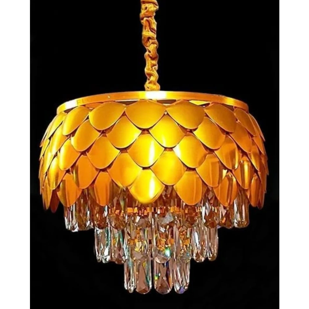 SHRI MAHAL ANTIQUES Pineapple Gold Crystal Chandeliers 300mm, Modern Dining Room Chandelier Round K9 Crystal Pendant Light Fixtures for Entryway Foyer Stairwell Living Room Bed Room Hall