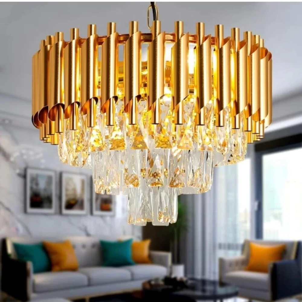 SHRI MAHAL ANTIQUES Crystal Gold Polish Metal 400mm Chandelier Hanging Ceiling Pendant jhoomer Chandelier Ceiling Lamp (Gold
