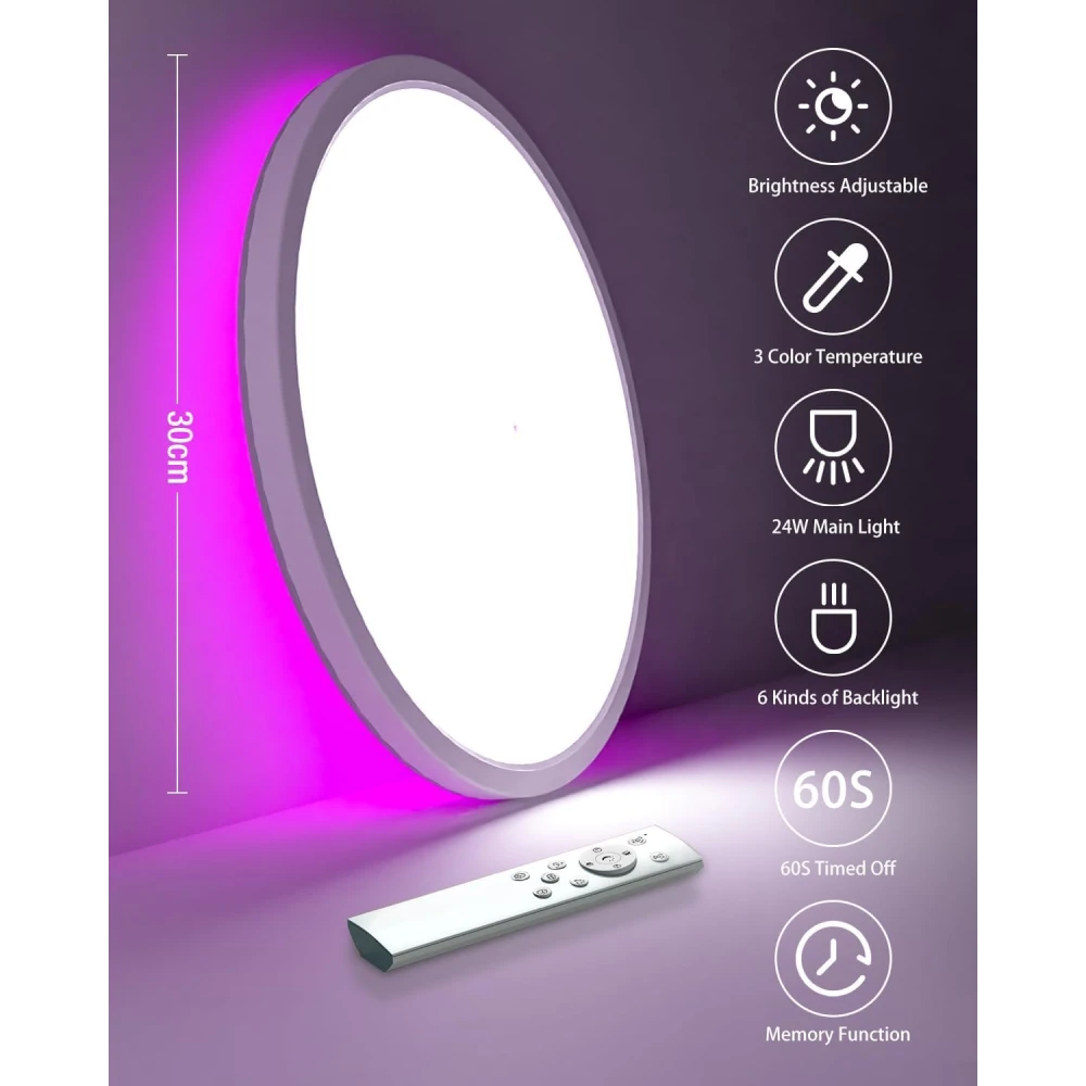 PRMOAGEN LED Ceiling Light, Dimmable, 24 W, 3200 lm, RGB Colour Changing, IP54 Waterproof, Bathroom Lamp, 3000 K - 6500 K, Round, Flat Bathroom Ceiling Lamp, for Children's Room, Bedroom