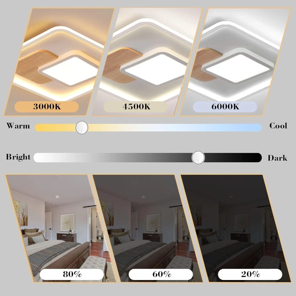 SHRI MAHAL ANTIQUES LED Ceiling Light, Square Wooden Ceiling Light, Dimmable with Remote Control, Modern Wooden Ceiling Light for Bedroom, Children's Room, Living Room, Kitchen (41.5 x 41.5 [Energy