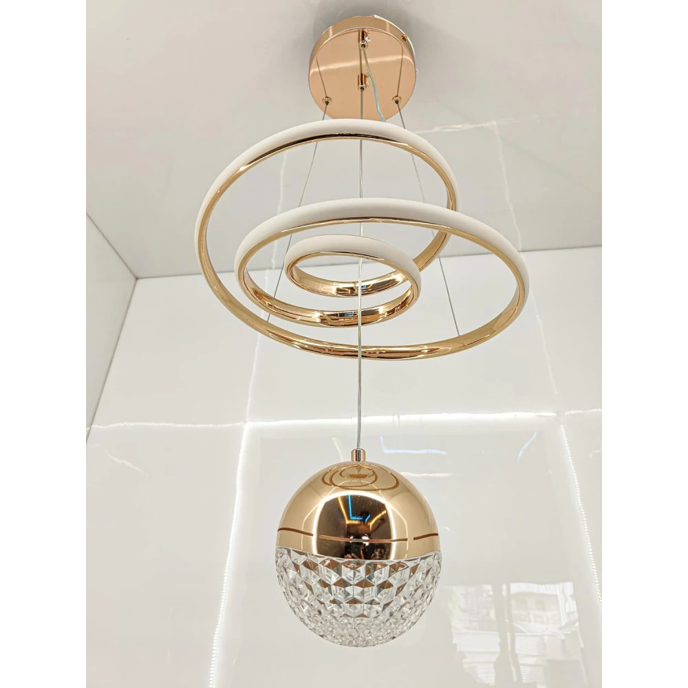SHRI MAHAL ANTIQUES Modern LED Ceiling Pendant Light with Crystal Ball, Spiral Design Chandelier, Dimmable Hanging Lamp for Dining Room, Living Room, Bedroom, Hallway (Gold)