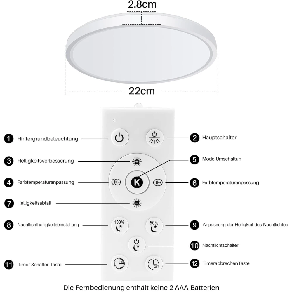 PRMOAGEN Dimmable with Remote Control - 18 W Diameter 22 cm Ceiling Light + 1700 K Night Light in Warm White - LED Ceiling Light Flat for Living Room, Bedroom and Hallway