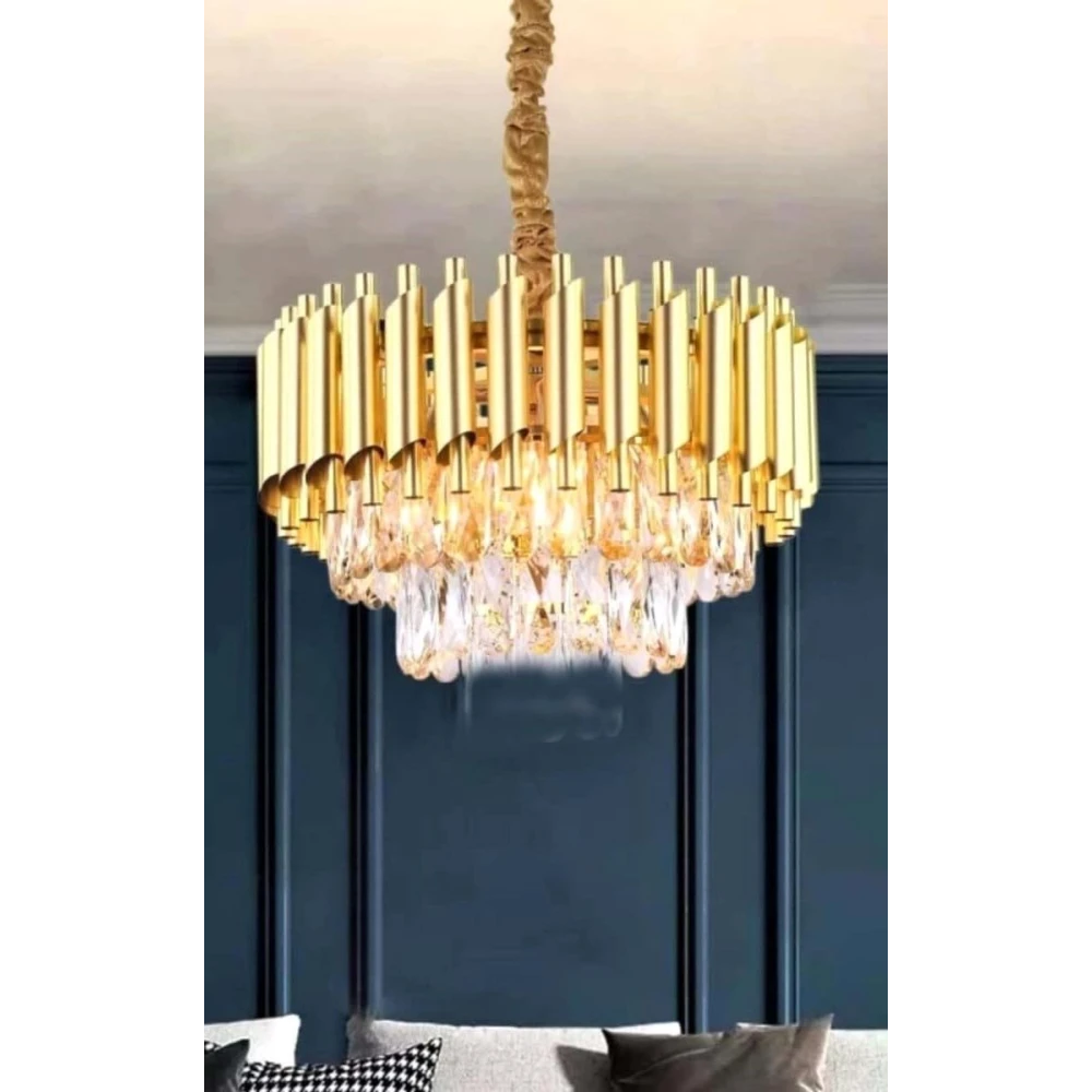 SHRI MAHAL ANTIQUES Gold Crystal Chandelier with LED, K9 Crystal Chandeliers for Home Decoration, Ceiling Light Fixture for Living Room Bedroom, Jhoomar for Home, Office, Hotels, Restaurants (300MM)