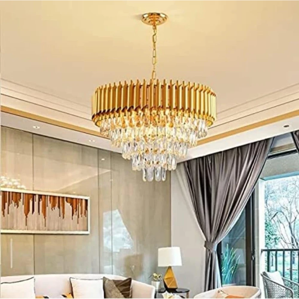 SHRI MAHAL ANTIQUES Crystal Gold Polish Metal 600mm Chandelier Hanging Ceiling Pendant jhoomer Chandelier Ceiling Lamp (Gold)