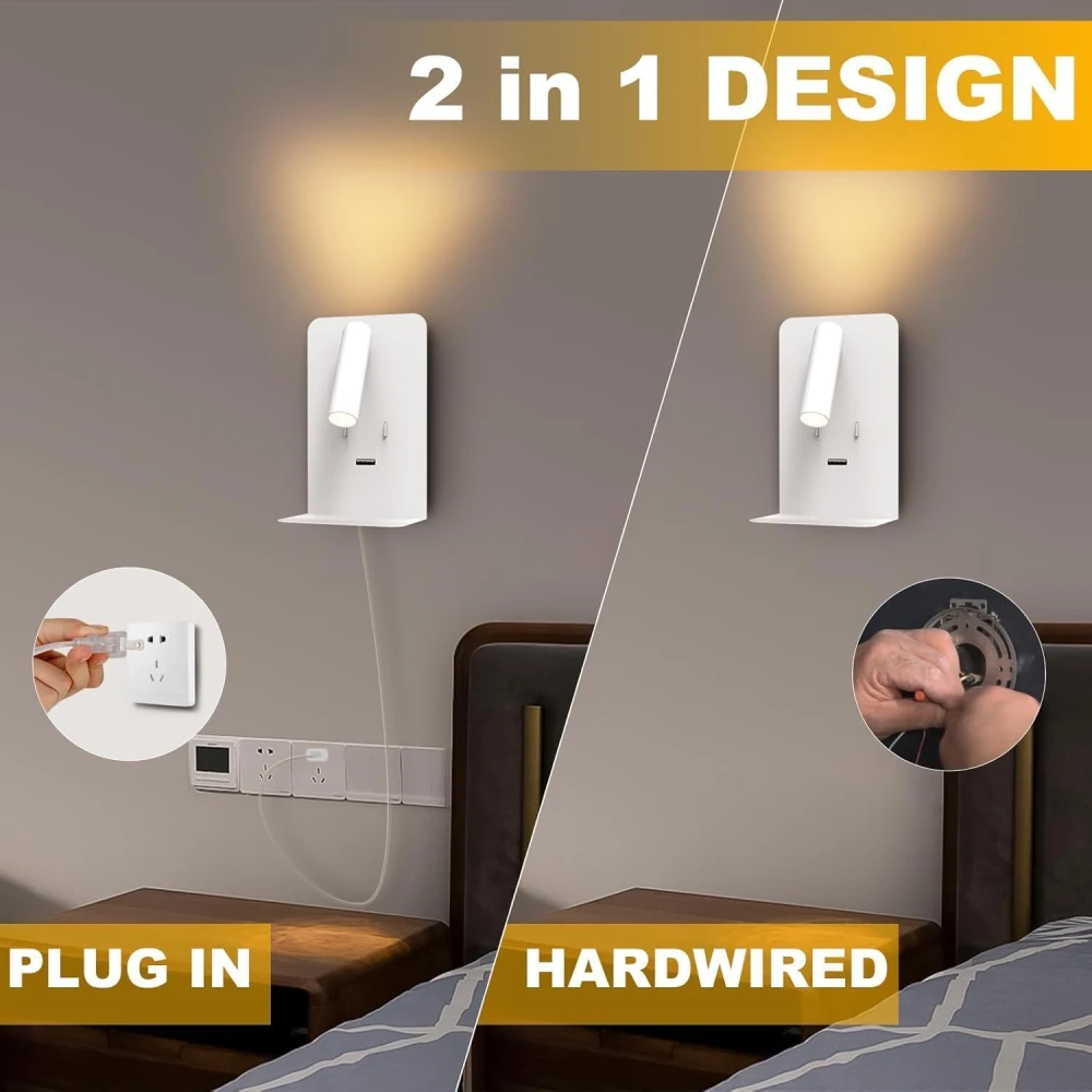SHRI MAHAL ANTIQUES Wall Mounted Reading Lights with Shelf, LED Novelty Wall Sconce with Backlight USB 5V Phone Fast Charging Port for Bedroom Home Decor (White)