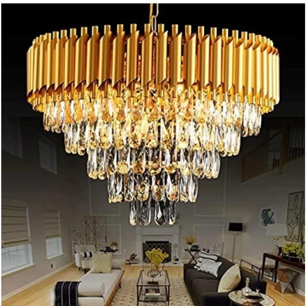 SHRI MAHAL ANTIQUES Crystal Gold Polish Metal 600mm Chandelier Hanging Ceiling Pendant jhoomer Chandelier Ceiling Lamp (Gold)
