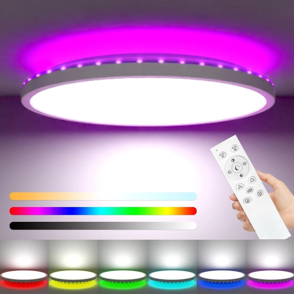 SHRI MAHAL ANTIQUES LED Ceiling Light, Dimmable, 24 W, 3200 lm, RGB Colour Changing, IP54 Waterproof, Bathroom Lamp, 3000 K - 6500 K, Round, Flat Bathroom Ceiling Lamp, for Children's Room, Bedroom