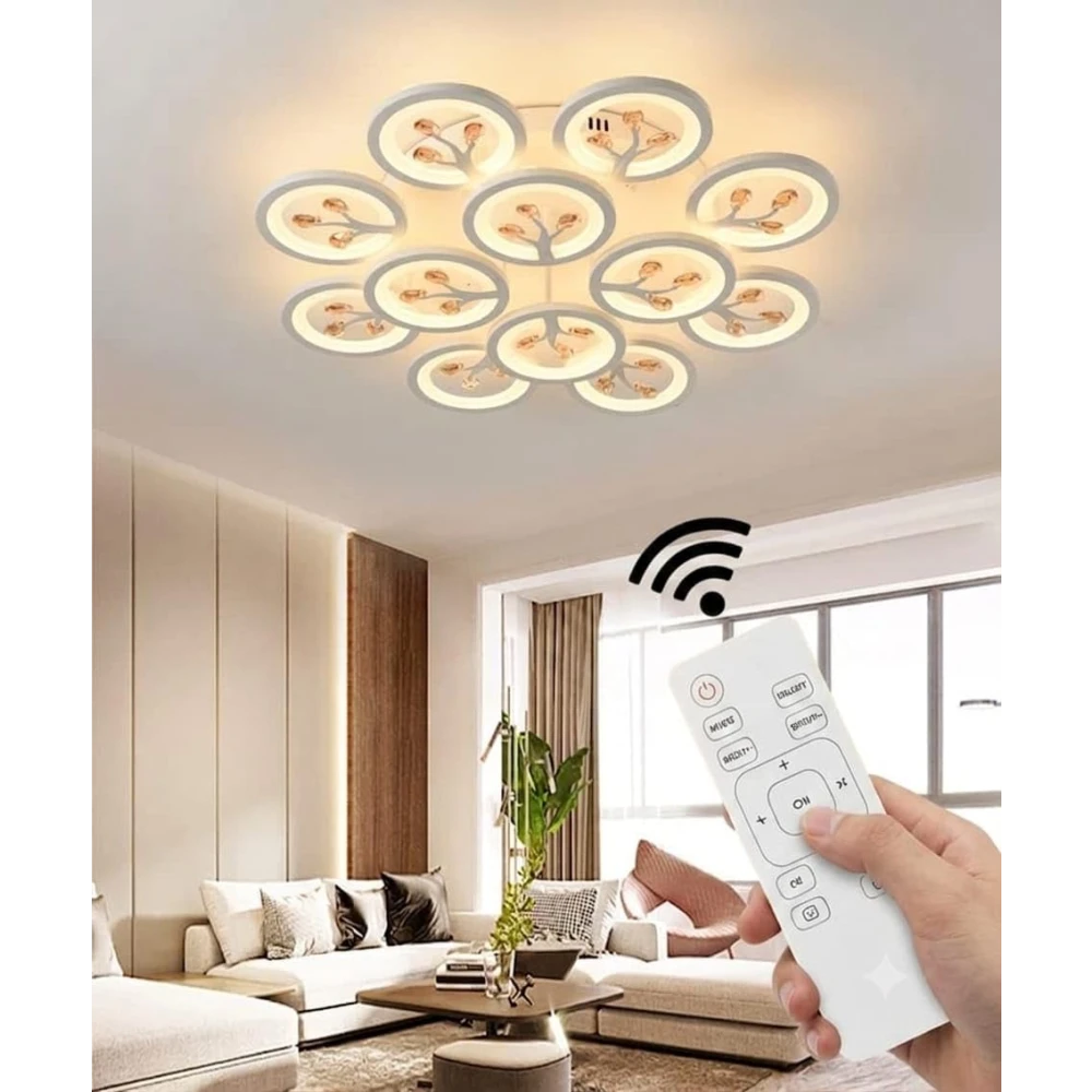 PRMOAGEN 12 Light White Body Round Crystal LED Chandelier Lamp - Warm White (Ceiling Light) with Remote Control