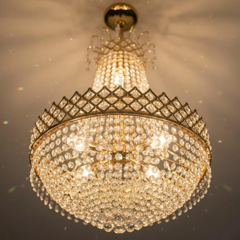 SHRI MAHAL ANTIQUES Designs Round Shape Golden Color S4 Diamond Cut White Crystal Standard Celling Pendant Lamp with E14 Bulb Inluded Gold Light Chandelier for Bedroom | Including Bulb