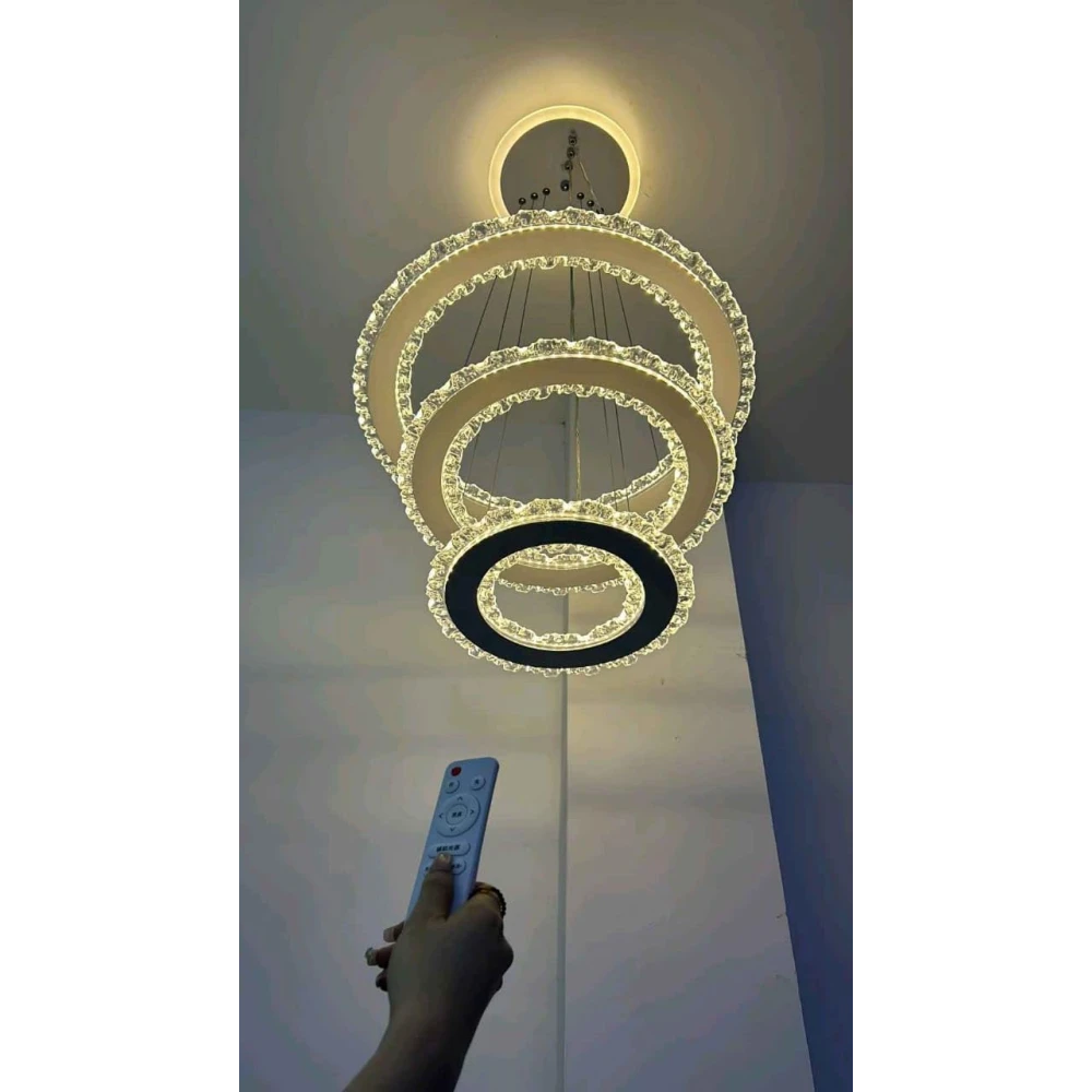 SHRI MAHAL ANTIQUES Modern Double 3 Ring with Remote LED Chandelier Lamp (Warm White, Gold) Chandelier Ceiling Lamp (Gold, White)