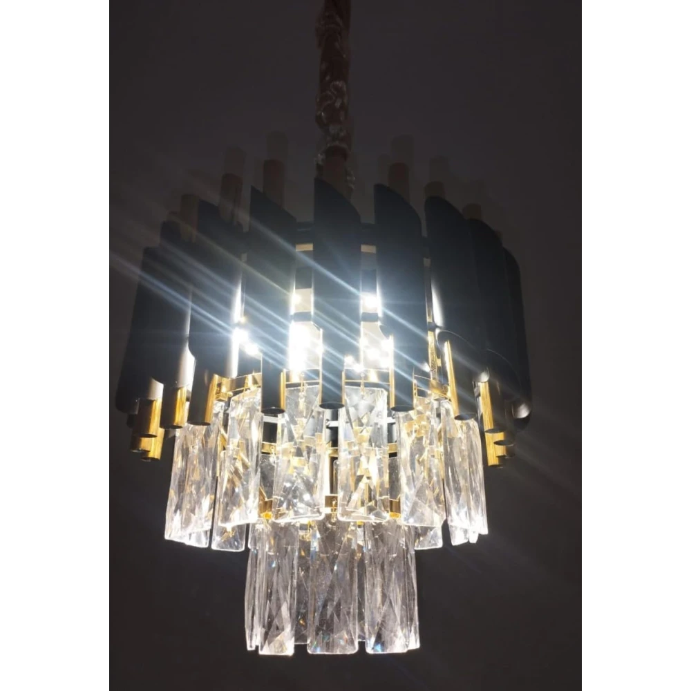 SHRI MAHAL ANTIQUES 300 mm BlackMambaChandelier with Stainless Steel Tube Crystal Ceiling Light Chandelier Ceiling Lamp (Gold, Black)