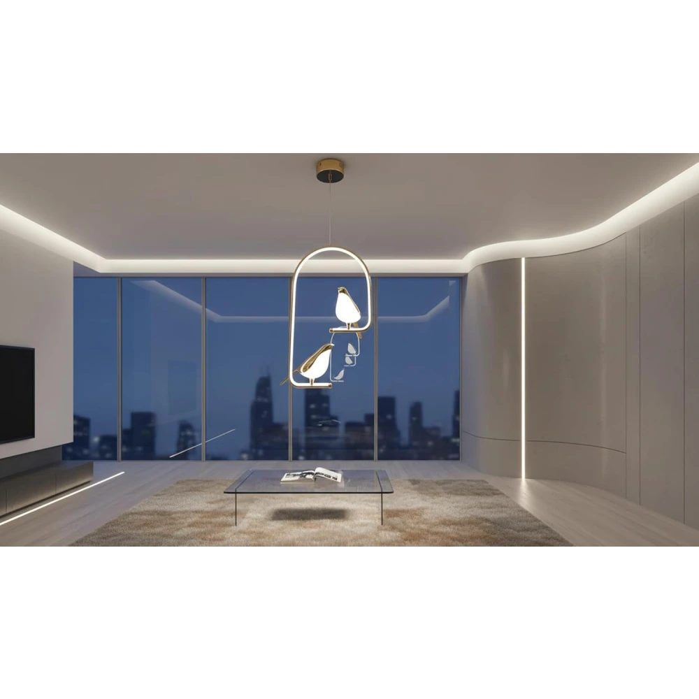 SHRI MAHAL ANTIQUES Modern Dual Bird LED Pendant Light – Elegant Gold Finish Hanging Chandelier for Living Room, Dining, Bedroom & Home Decor Lighting | Unique Artistic Ceiling Lamp Fixture