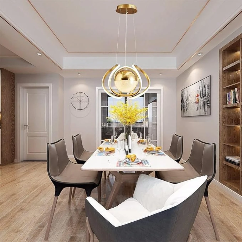 Modern 3-Color LED Chandelier,Gold Chandelier Light Fixture Dining Room Hanging Lamp,Adjustable Height Ceiling Pendant Light for Living Room Entryway Staircase Bedroom Kitchen Island.