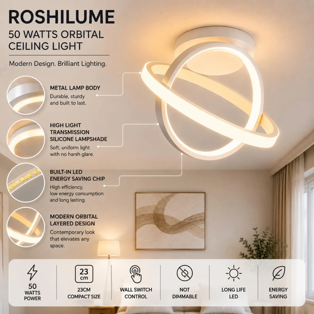 Chandelier Light for Ceiling 50W | 23 cm Circular Ring Ceiling Light, Flush Mounted LED Lamp for Living Room, Hall & Bedroom | 3-in-1 Color Changing, Flicker-Free Soft Ambient Light
