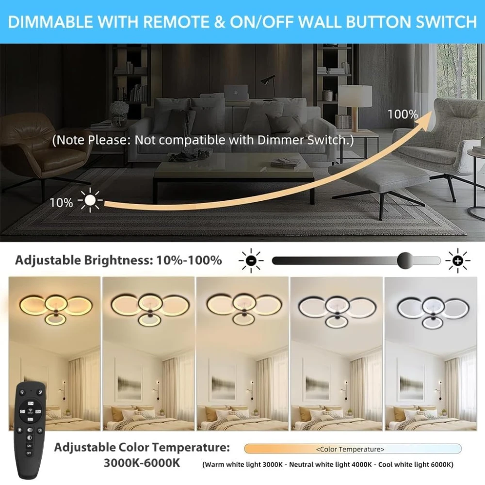® 36W Dimmable Chandelier Lights for Ceiling, 3-Color Round LED Ceiling Lights with Remote Control, Flush Mount Fancy Lights Fixture with 4 Rings for Living Room, Bedroom (2800-6000k)
