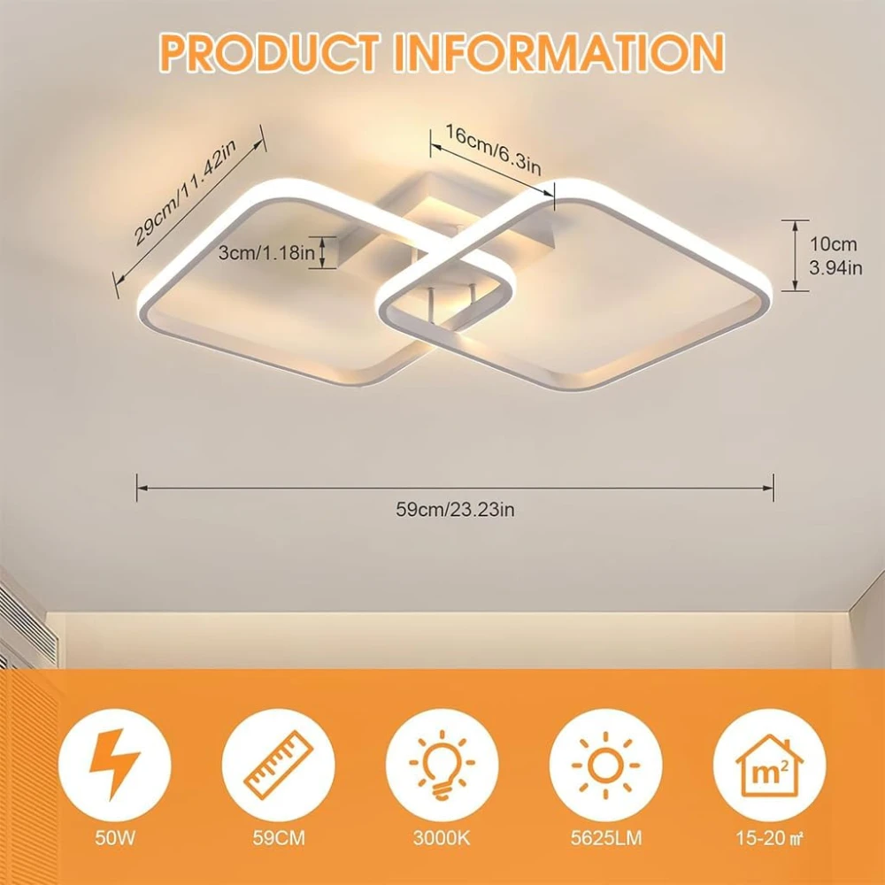 SHRI MAHAL ANTIQUES ® 50W Ceiling Light Modern LED Acrylic Square Ceiling Lamp, Large 3000K Warm White Light Lighting Fixtures for Living Room Bedroom Kitchen Study Office, 59CM