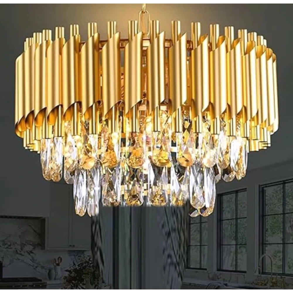 SHRI MAHAL ANTIQUES Gold Crystal Chandelier with LED, K9 Crystal Chandeliers for Home Decoration, Ceiling Light Fixture for Living Room Bedroom, Jhoomar for Home, Office, Hotels, Restaurants (300MM)