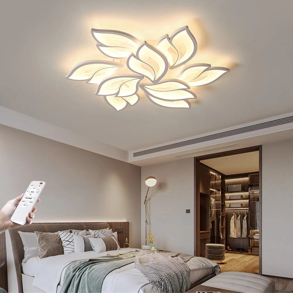 PRMOAGEN LED Ceiling Light Dimmable, Living Room Lamp with Remote Control, Color Changing Flower Design White Acrylic Shade for Dining Table Bedroom Chandelier
