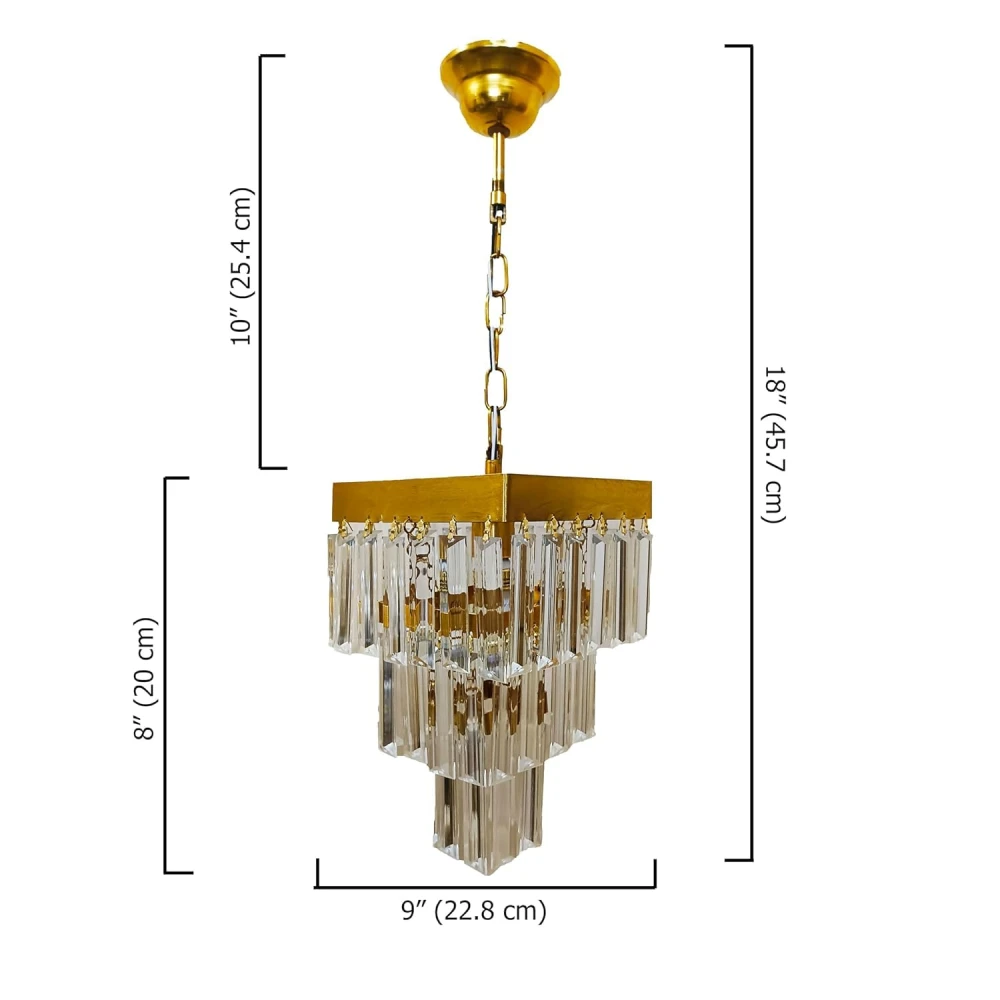 SHRI MAHAL ANTIQUES Square Shaped 9 Inches Modern Crystal Chandelier, Jhumar for Home Decoration, Chandelier for Hall/Balcony/Living Room/Bedroom, Ceiling Hanging Lights, Golden (Bulb Included)