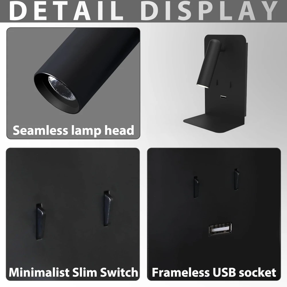 PRMOAGEN Wall Mounted Reading Lights with Shelf, LED Novelty Wall Sconce with Backlight USB 5V Phone Fast Charging Port for Bedroom Home Decor (Black)