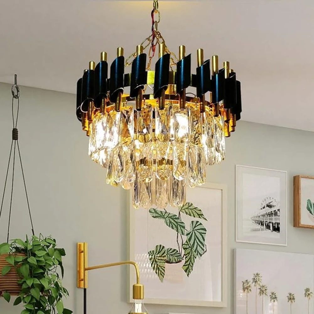 SHRI MAHAL ANTIQUES Stunning Crystal Chandelier | Jhoomer for Home Decoration | Chandelier for Home & Office | Black & Golden | (Bulbs Included)