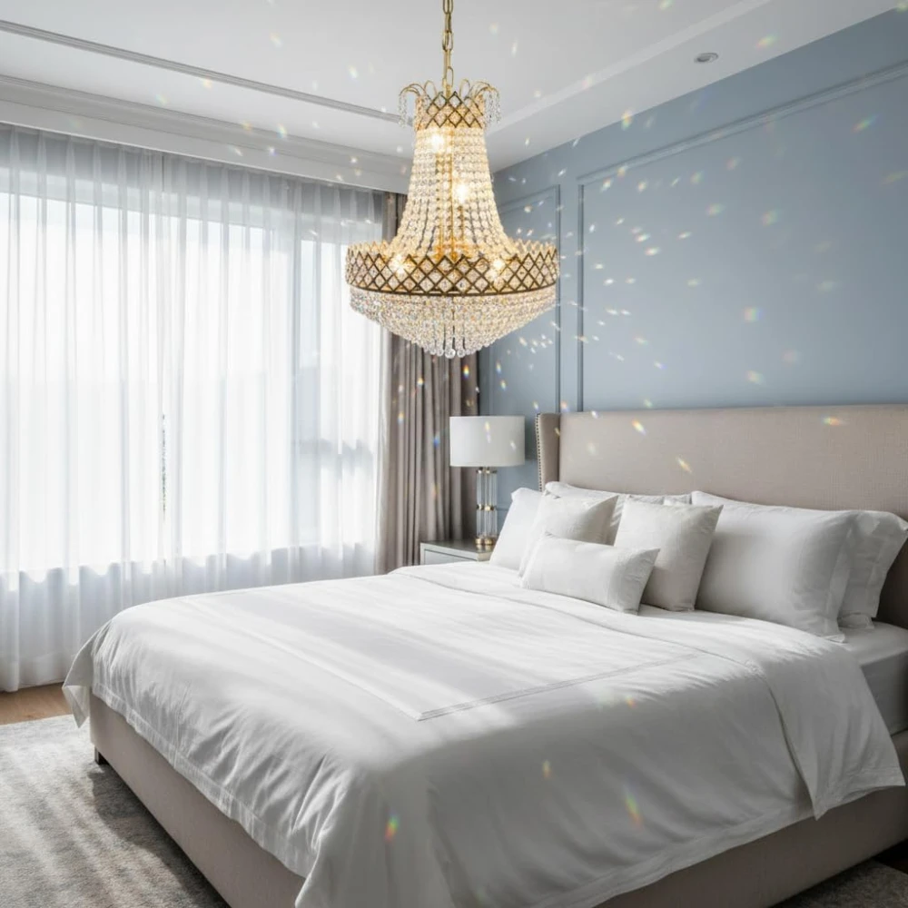 SHRI MAHAL ANTIQUES Designs Round Shape Golden Color S4 Diamond Cut White Crystal Standard Celling Pendant Lamp with E14 Bulb Inluded Gold Light Chandelier for Bedroom | Including Bulb