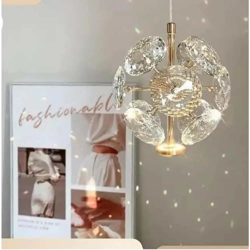 SHRI MAHAL ANTIQUES Flower Shape Round LED Crystal Chandelier Light for Living Room Bed Room Hall Pendant Lamp Ceiling Lamp (Gold, Clear