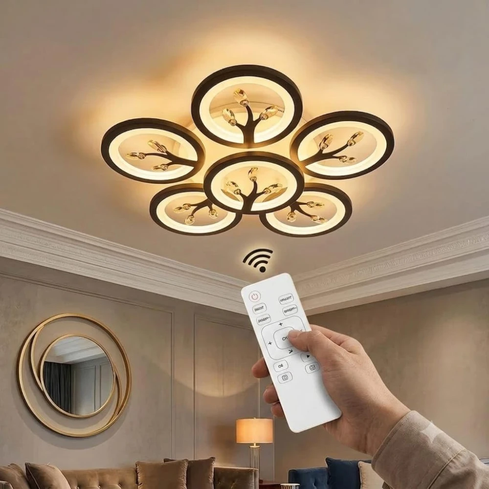 PRMOAGEN 6 Light 60-Watts White Crystal LED Chandelier Lamp - Round (5+1 Circle Warm) with Remote Control