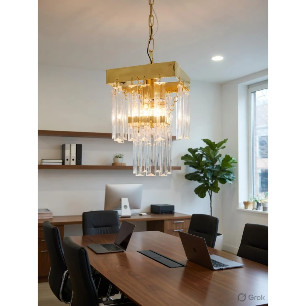 SHRI MAHAL ANTIQUES Square Shaped 6 Inches Modern Crystal Chandelier, Jhumar for Home Decoration, Chandelier for Hall/Balcony/Living Room/Bedroom, Ceiling Hanging Lights, Golden (Bulb Included)