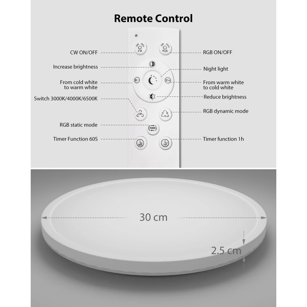 SHRI MAHAL ANTIQUES LED Ceiling Light, Dimmable, 24 W, 3200 lm, RGB Colour Changing, IP54 Waterproof, Bathroom Lamp, 3000 K - 6500 K, Round, Flat Bathroom Ceiling Lamp, for Children's Room, Bedroom