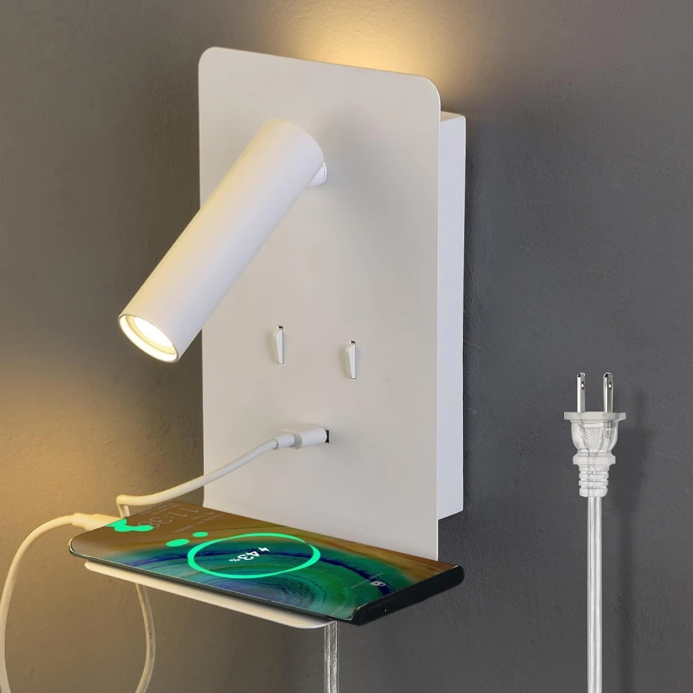 SHRI MAHAL ANTIQUES Wall Mounted Reading Lights with Shelf, LED Novelty Wall Sconce with Backlight USB 5V Phone Fast Charging Port for Bedroom Home Decor (White)