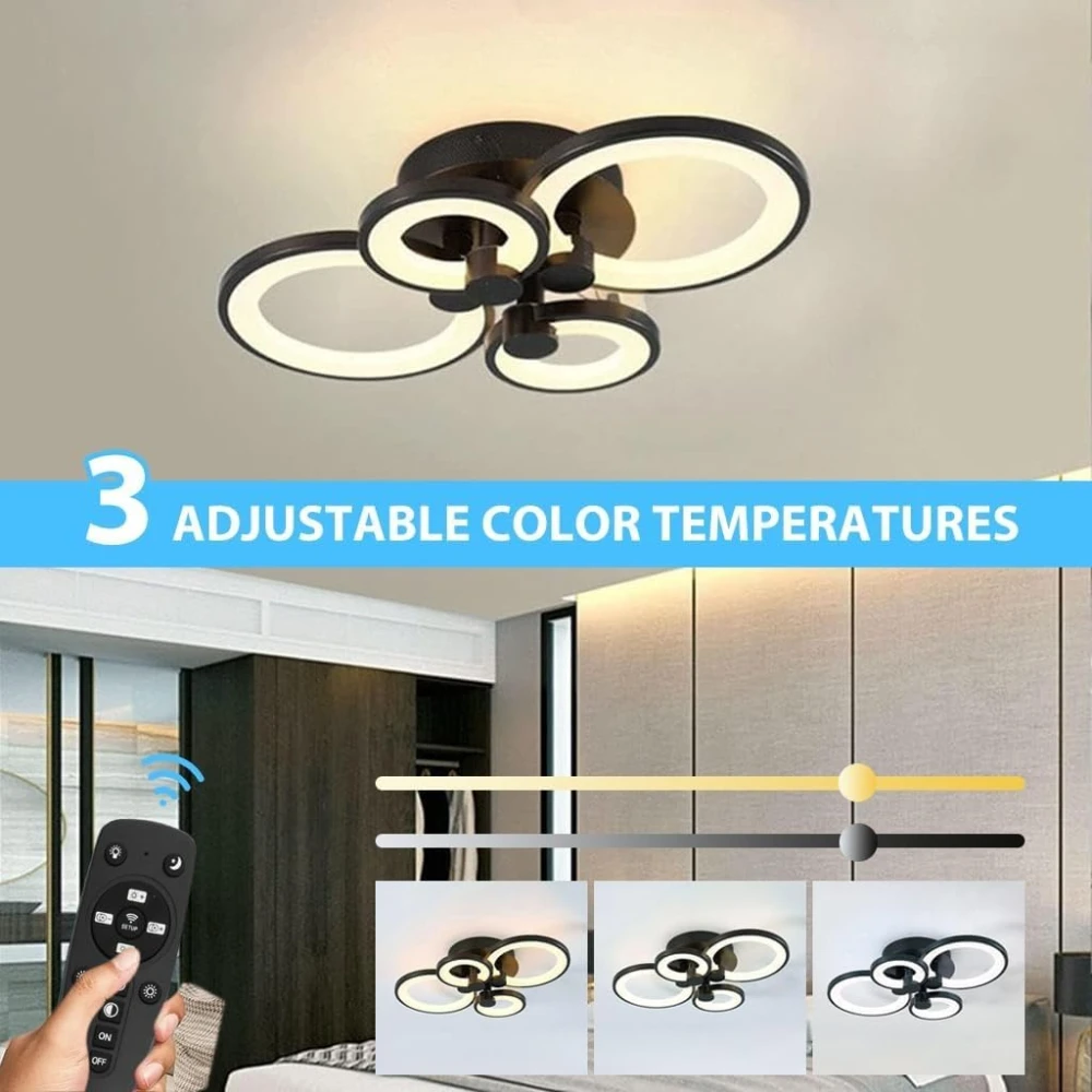 PRMOAGEN 36W Dimmable Chandelier Lights for Ceiling, 3-Color Round LED Ceiling Lights with Remote Control, Flush Mount Fancy Lights Fixture with 4 Rings for Living Room, Bedroom (2800-6000k)