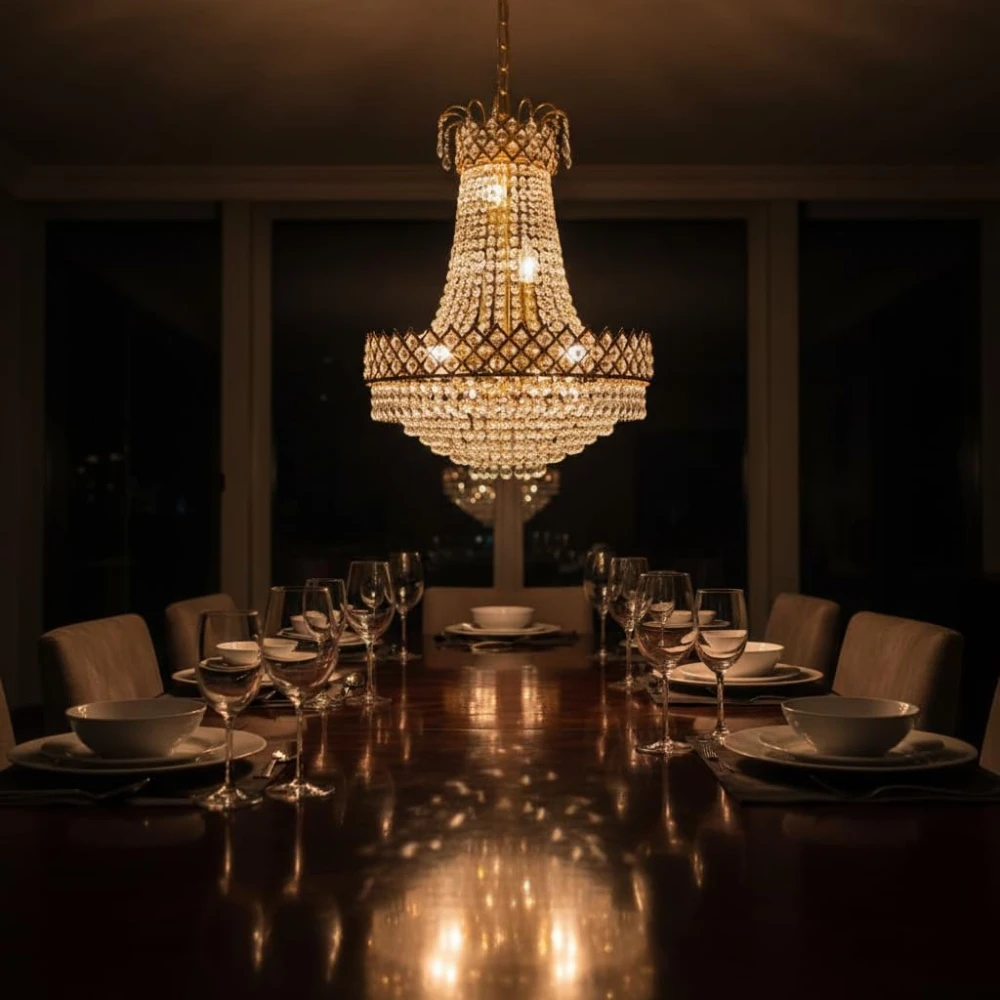 PRMOAGEN Designs Round Shape Golden Color S4 Diamond Cut White Crystal Standard Celling Pendant Lamp with E14 Bulb Inluded Gold Light Chandelier for Bedroom | Including Bulb