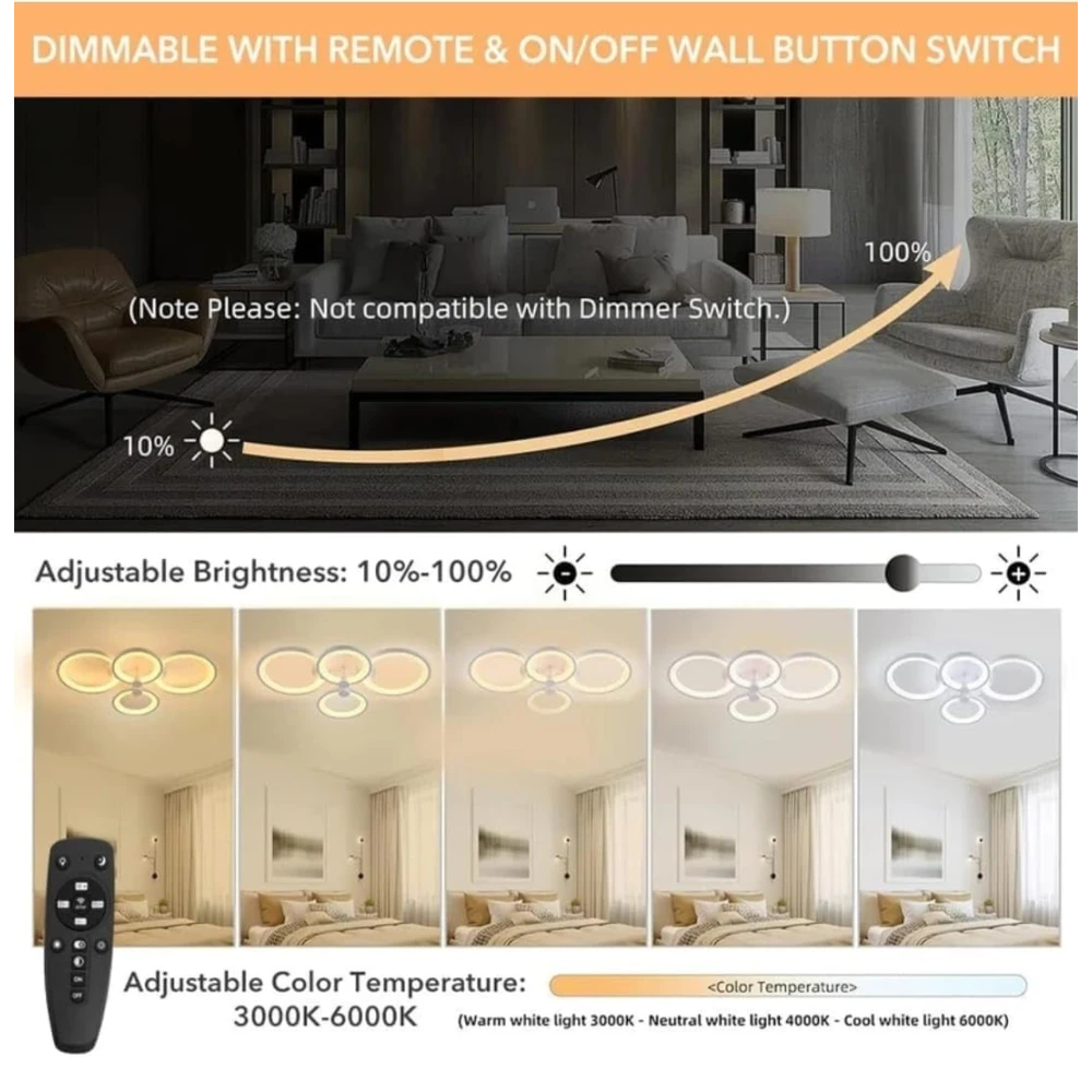 PRMOAGEN 54W LED Ceiling Light for Living Room 3-Color LED Ceiling Light with Remote