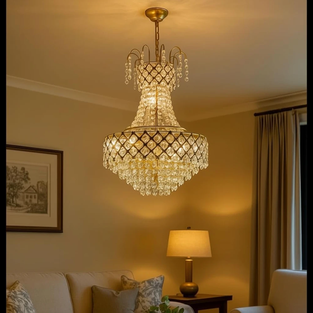 PRMOAGEN Designs Round Shape 300MM Golden Color S4 Diamond Cut White Crystal Standard Celling Pendant Lamp with 4 E14 Bulb Inluded Gold Light Chandelier for Bedroom (30 * 70 CM)