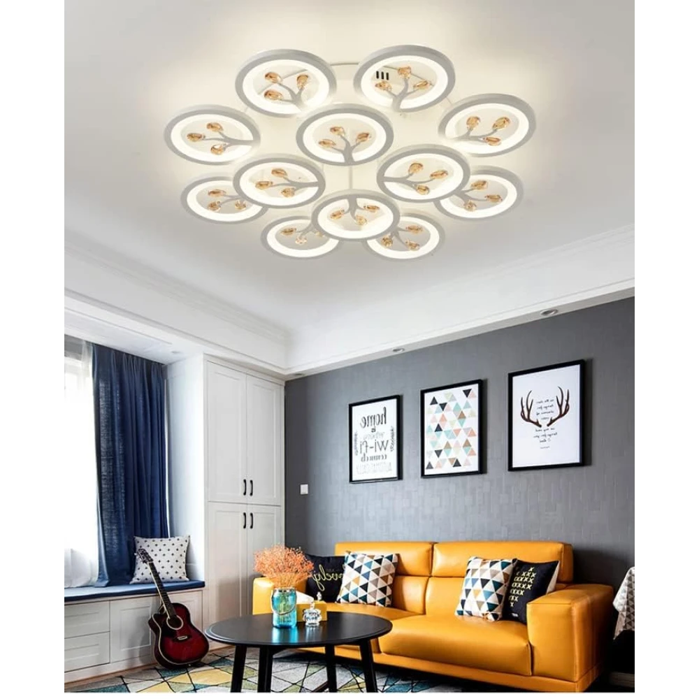 SHRI MAHAL ANTIQUES 12 Light White Body Round Crystal LED Chandelier Lamp - Warm White (Ceiling Light) with Remote Control