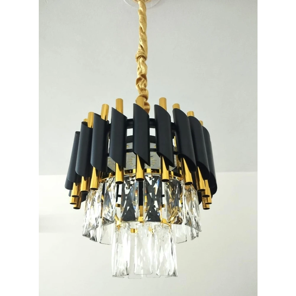SHRI MAHAL ANTIQUES 300 mm BlackMambaChandelier with Stainless Steel Tube Crystal Ceiling Light Chandelier Ceiling Lamp (Gold, Black)