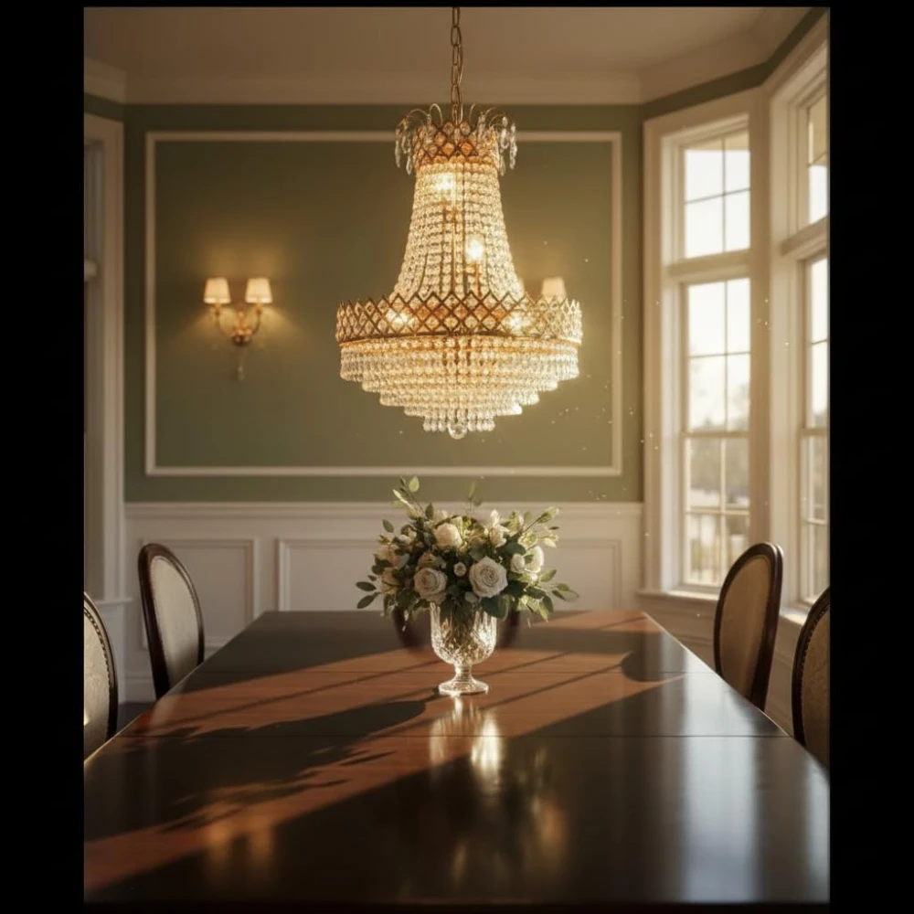 SHRI MAHAL ANTIQUES Designs Round Shape Golden Color S4 Diamond Cut White Crystal Standard Celling Pendant Lamp with E14 Bulb Inluded Gold Light Chandelier for Bedroom | Including Bulb